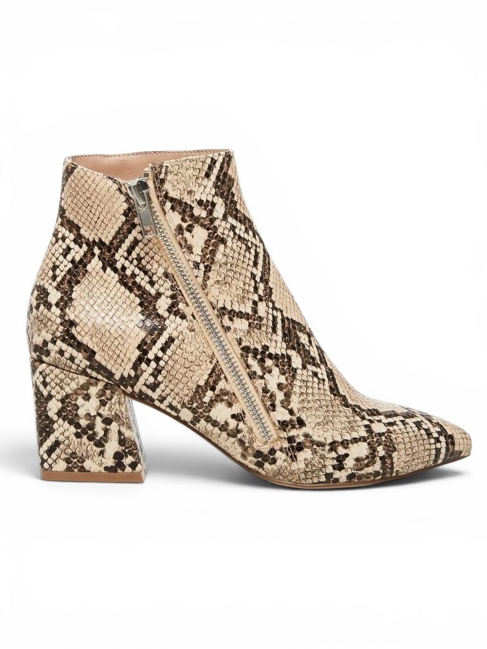 STEVE MADDEN CHECKMATE FAUX LEATHER SNAKESKIN ASYMMETRIC ZIP POINTED TOE BOOTIES